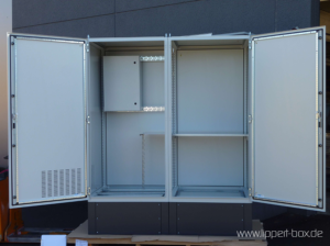 Wall-mounted enclosure, double-leaf open, with installation