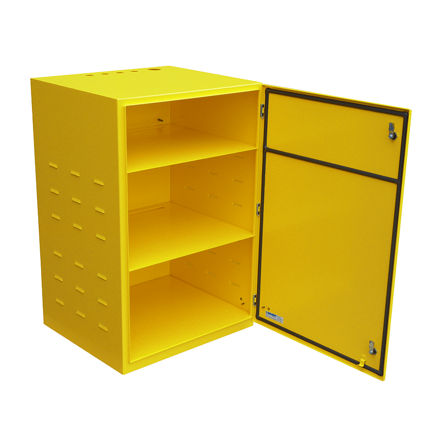 Control cabinet with battery shelves, sealed electrical compartment and ventilation gills